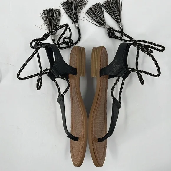 NINE West Gannon Strappy Sandal Wrap Flat Black Tassel Boho Gladiator  6 - Picture 6 of 9